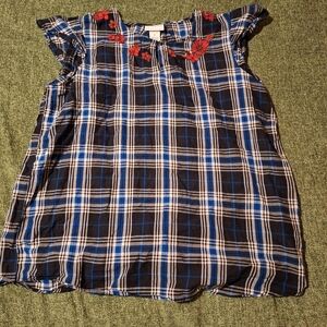 Liz Claiborne Plaid Blouse With Red Floral Embroidery